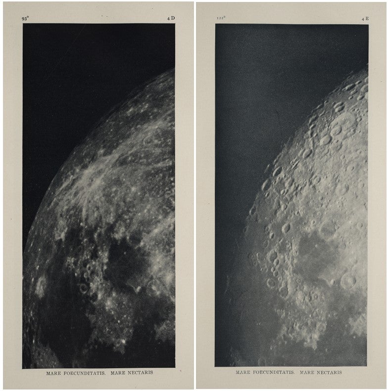 Illustrated are two of the five plates that show the region south of Mare Nectaris (Sea of Nectar) and Mare Fecunditatis (Sea of Fertility). The rays of Stevinus A and Furnerius A are prominent at the left, taken when the sun was overhead; the rays are absent in the photograph taken near sunset. Image source: Pickering, William Henry.