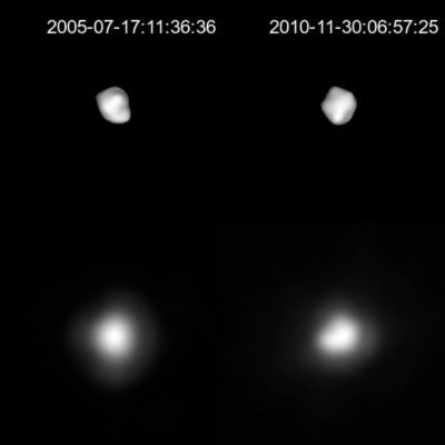 Two images of 5 Astraea, taken in 2005 and 2010, at bottom; top images are an attempt to draw more detail from the photographs (Wikimedia commons)