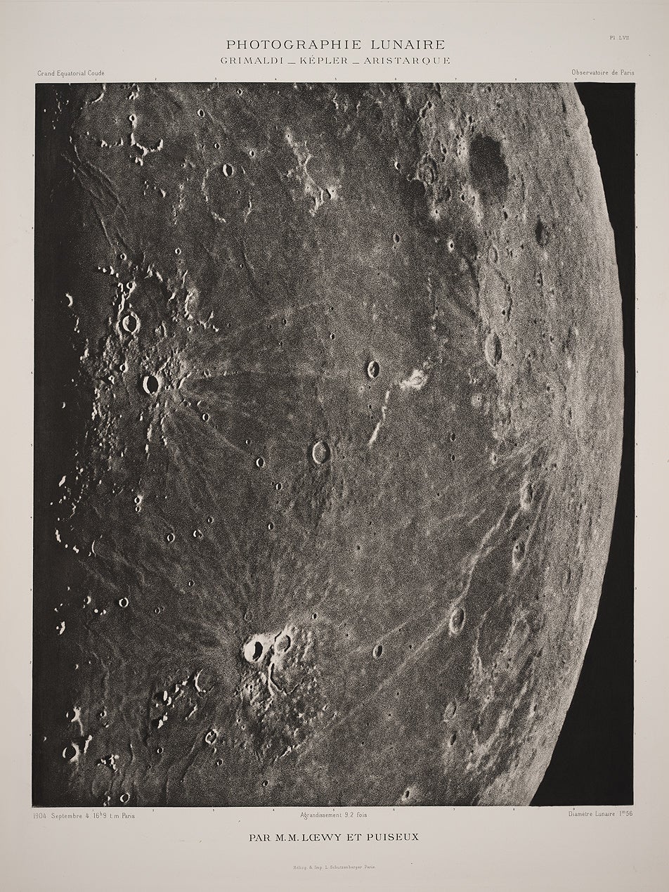The plate labelled "Aristarchus-Kepler-Grimaldi" presents a grand view of the Ocean of Storms. Schröter's Valley stands out near Aristarchus at the bottom of the detail shown, as does the ray system from Olbers at the right. Particularly striking is the white smear above center. This feature is unique on the near-side of the moon and is possibly the result of an impacting comet.