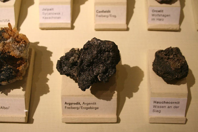 A sample of the ore Argyrodite from the Erzgebirge (Ore Mountains) of Freiberg, in which Clemens Winkler discovered a new element, germanium, in 1886 (Wikimedia commons)