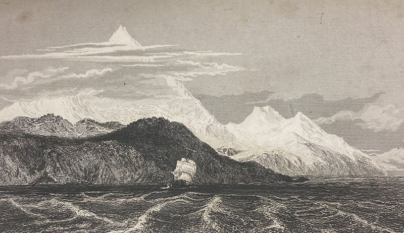Mount Sarmiento in Tierra del Fuego, with HMS Beagle in the foreground, etching after a drawing by Conrad Martens, in Narrative of the Surveying Voyages of His Majesty's Ships Adventure and Beagle, between the Years 1826 and 1836, by Robert FitzRoy, vol. 1, p. 252, 1839 (Linda Hall Library)