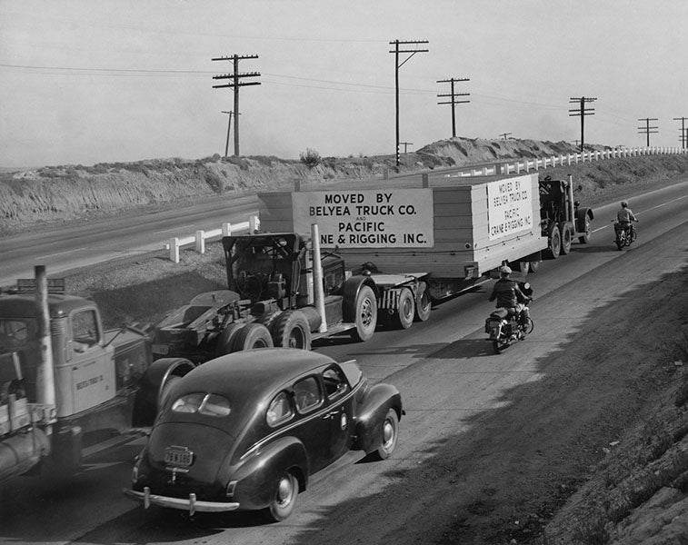 Crated disc being trucked from Pasadena to Palomar, photograph, 1948, Caltech archives (astro.caltech.edu)