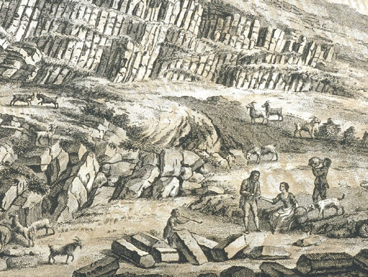 Basalt formation on Monte Rosso. Image source: Strange, John. "An Account of Two Giants Causeways, or Groups of Prismatic Basaltine Columns, and Other Curious Vulcanic Concretions, in the Venetian State in Italy ... ." Philosophical Transactions of the Royal Society of London, vol. 65, 1775, pl. 1.