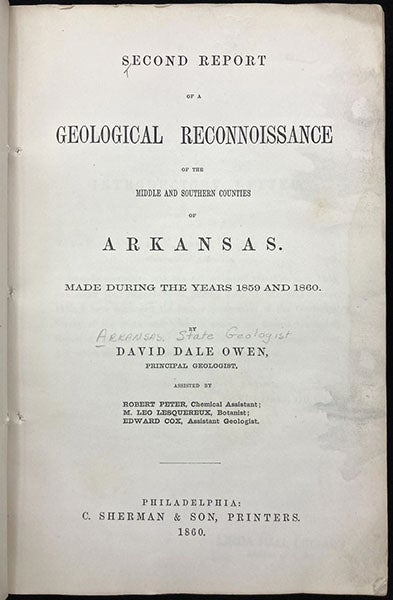 Title page, Second Report of a Geological Reconnoissance … of Arkansas, by David Dale Owen. 1860 (Linda Hall Library)
