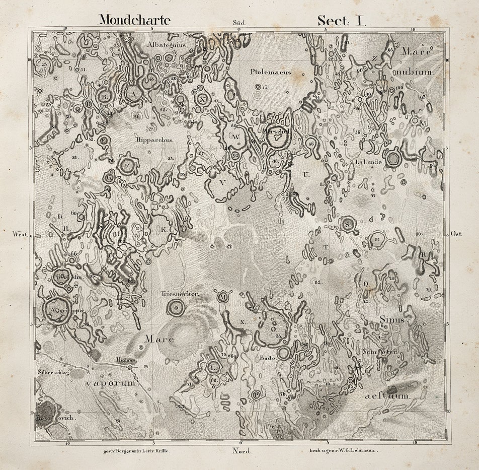 One of the most attractive features of Lohrmann's maps is the use of multiple levels of shading to indicate light and dark areas of the moon. The detail is from the first section, and shows Mare Vaporum (Sea of Vapors) and what is now called Sinus Medii (Central Bay). Notable features include Hyginus rill at the bottom, Triesnecker just below center, and Hipparchus at the top.