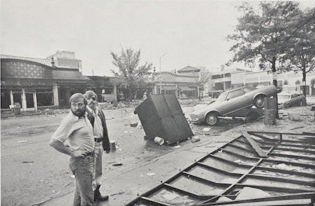 Brush Creek along West 48th Street. Image source: Photograph by Frederick Solberg, Jr., Kansas City Star, in Hauth, Leland, and William J. Carswell, Jr. Floods in Kansas City, Missouri and Kansas, September 12-13, 1977, U.S. Geological Survey, 1978. View Source