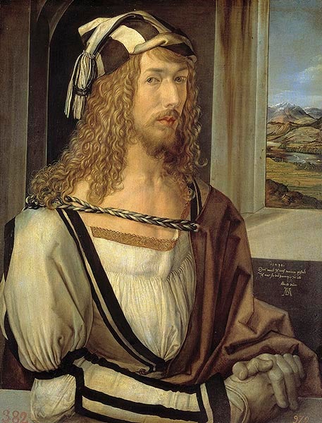 Self-portrait of Albrecht Dürer, oil on panel, 1498, Museo del Prado, Madrid, (Wikimedia commons)