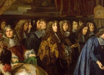 Most of the first 16 members of the Academie des Sciences, with Jean Dominique Cassini at center and Christiaan Huygens just to his right, detail of Colbert Presenting the Academie of Sciences to Louis XIV in 1667, oil on canvas, by Henry Testelin, 1675?, Versailles (Wikimedia commons)