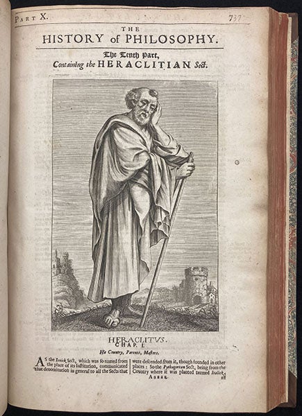 Heraclitus, imagined portrait, engraving by William Faithorne, A History of Philosophy, by Thomas Stanley, 2nd ed., p 737, 1687 (The Linda Hall)
