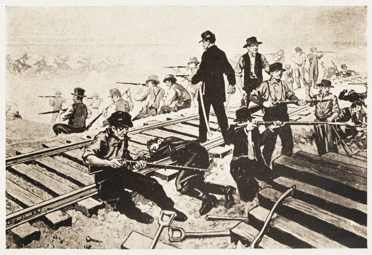 Artist dramatization of Union Pacific construction crews guarding the rail line against hostile Plains Indians. Survey crews and construction workers battled Sioux, Arapahoe, and Cheyenne tribes as the railroad advanced through Native American homelands and hunting grounds.