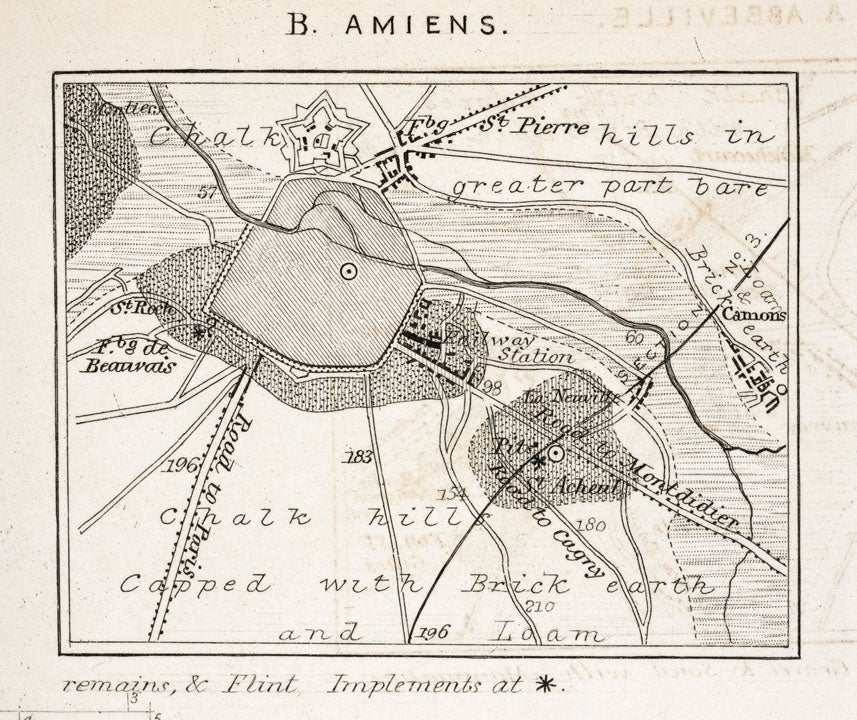 Plan of the district around Amiens, showing extent of the flint-implement-bearing deposits, and of the recent valley-deposits. Image source: Prestwich, Joseph. “On the Occurrence of Flint Implements.” Philosophical Transactions of the Royal Society of London, vol. 150, 1860, pl. 10.
