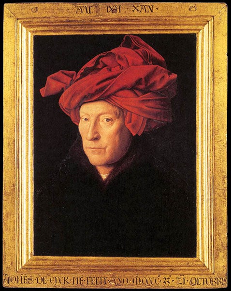 Man in a Turban, oil on wood, by Jan van Eyck, presumed self-portrait, 1433, National Gallery of Art, London (wga.hu)