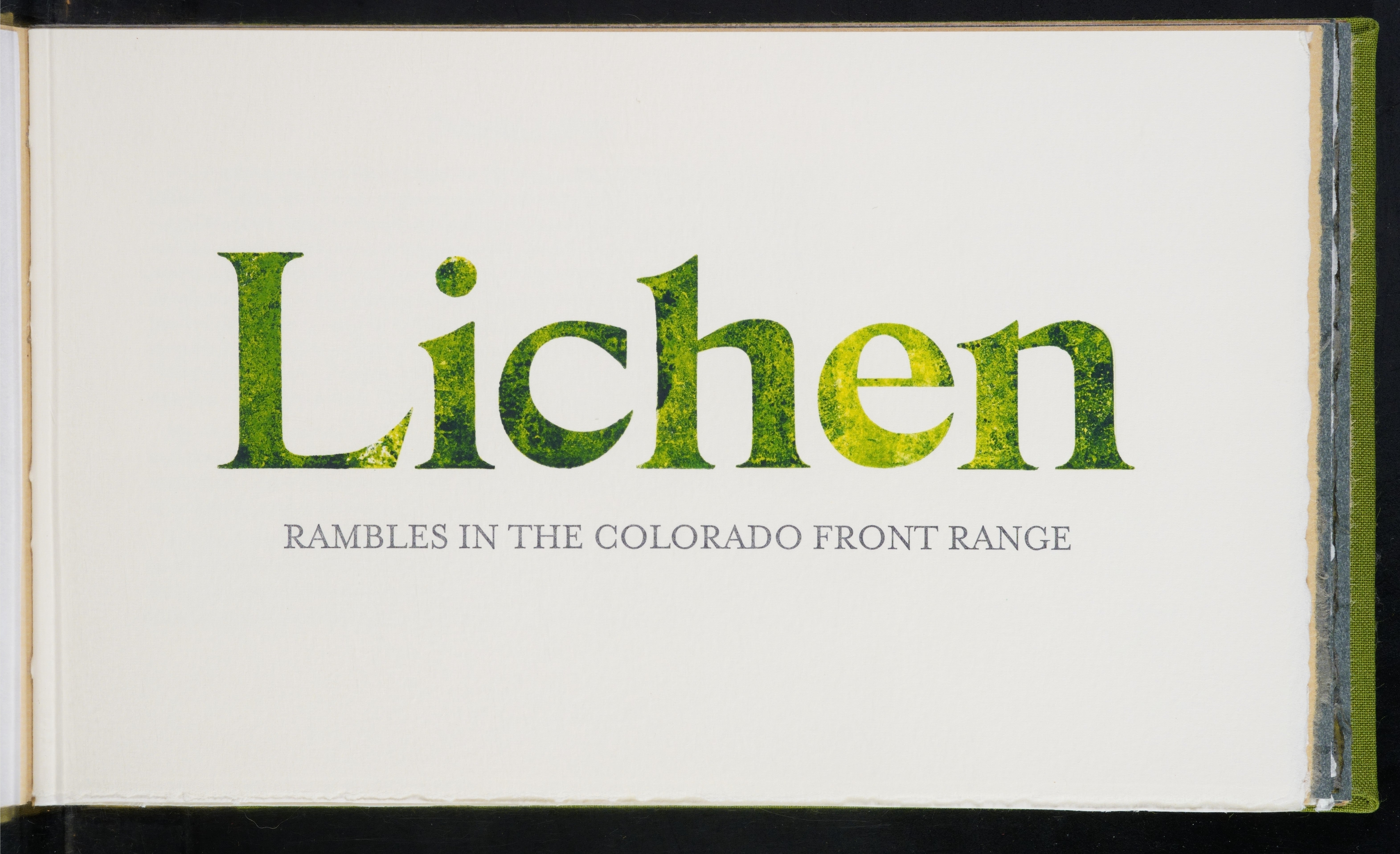 The title page of Lichen: Rambles in the Colorado Front Range, by Rhiannon Alpers. The title is mono-printed with wood type and alternative ink processes. Each copy has a unique pattern.