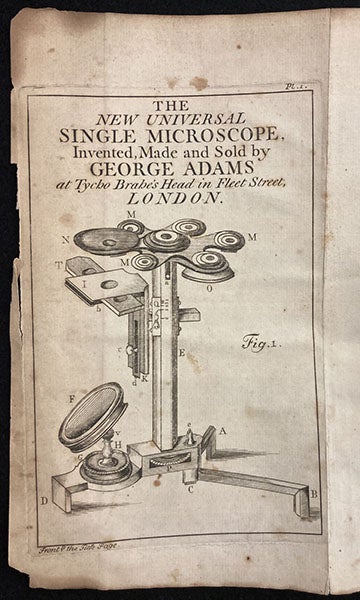 An Adams universal microscope, engraved frontispiece,

Micrographia illustrata; or, The Knowledge of the Microscope Explain'd, by George Adams, 1747, gift of Ruth Patrick, with bookplate of Frank Patrick (The Linda Hall)
