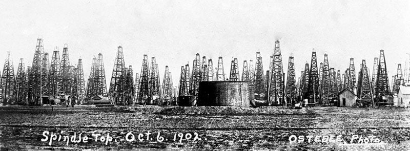 Oil derricks at Spindletop, Oct. 6, 1902, one year and 9 months after the Lucas gusher came in, photograph (lamar.edu/spindletop-boomtown-museum)