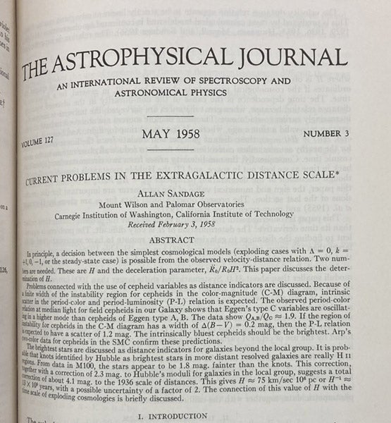 Beginning of article, "Current problems in the extragalactic distance scale," by Allan Sandage, Astrophysical Journal, vol. 127(3), p. 513, 1958 (Linda Hall Library)