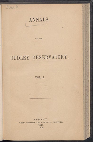 Title page, Annals of the Dudley Observatory, vol. 1, 1866 (Linda Hall Library)