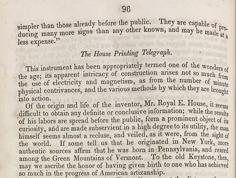 Opening paragraph, discussion of House printing telegraph, Lectures on the Electro-Magnetic Telegraph, by Laurence Turnbull, p. 96, 1852 (The Linda Hall)