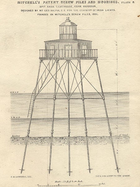 Spit Bank screw-pile lighthouse, erected on Alexander Mitchell’s screw-piles,1851, Cork Harbour, Ireland, elevation diagram (buildingsofireland.ie)