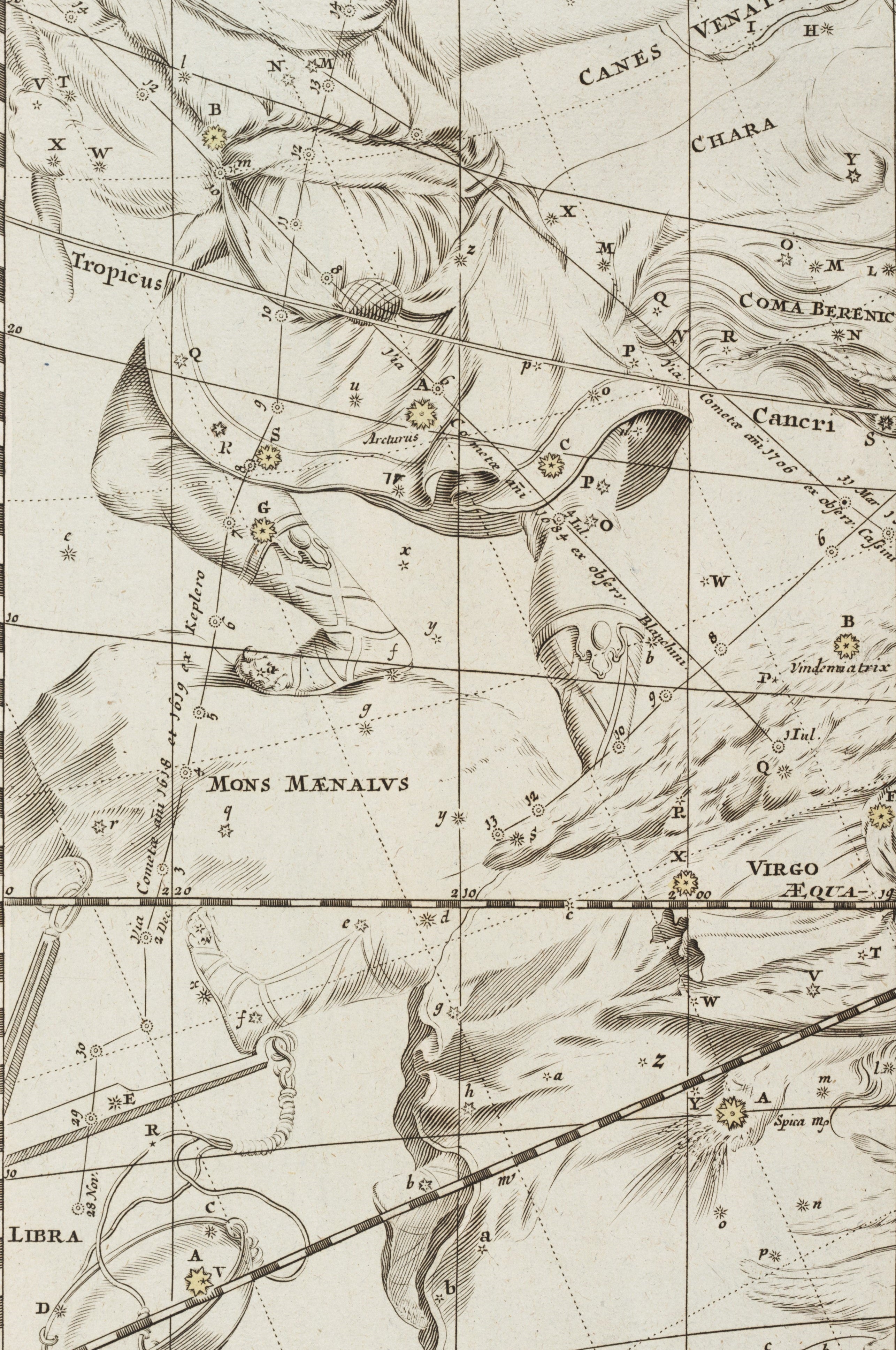 The Bootes and Mons Maenalus constellations, with comet paths. Image source: Doppelmayr, Johann Gabriel. Atlas coelestis. Nuremberg: Heredum Homannianorum, 1742.

