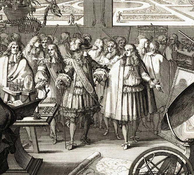 King Louis XIV (left, with hat) and Jean-Baptiste Colbert (right), with Claude Perrault behind and in between, detail of fifth image, Mémoires pour servir à l'histoire naturelle des animaux, by Claude Perrault, 1676 (Linda Hall Library)