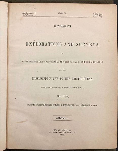 Title page of vol. 1 of the Pacific Railroad Reports, directed by John James Abert, 1855 (The Linda Hall)