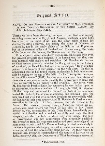 Lubbock’s paper. Image source: Lubbock, John. "On the Evidence of the Antiquity of Man, Afforded by the Physical Structure of the Somme Valley.” Natural History Review, vol. 2, 1862, p. 244. 