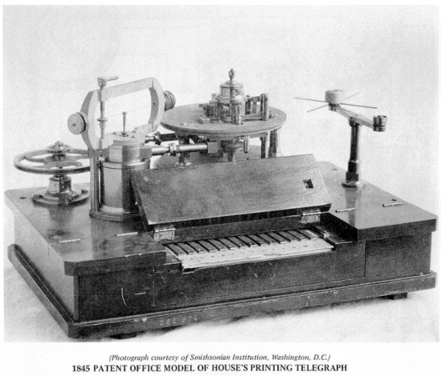 Vintage photo of the patent model for House’s printing telegraph, supposedly in the Smithsonian Institution (historyofinformation.com)