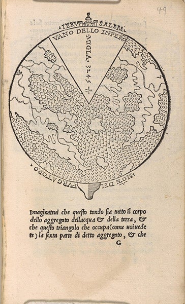 The situation of Hell within the Earth according to Dante’s Inferno, woodcut from Dialogo di Antonio Manetti cittadino fiorentino circa al sito, forma, et misure dello inferno di Dante Alighieri, 1506 (1510?), copy at Cornell University Library (Wikimedia commons)