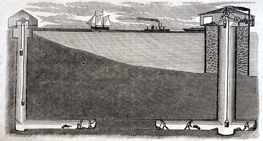 Cross section of the Two-Mile Crib and tunnel under the lake. Image source: The Great Chicago Lake Tunnel. Chicago: Published by Jack Wing, 1867, frontispiece. 