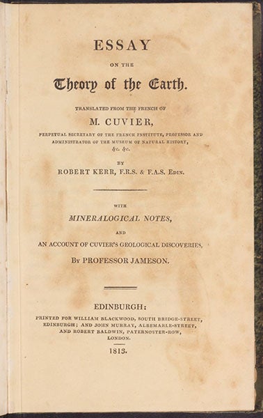 Title page, Essay on the Theory of the Earth, translated from the French of M. Cuvier, by Robert Kerr, 1813 (The Linda Hall)