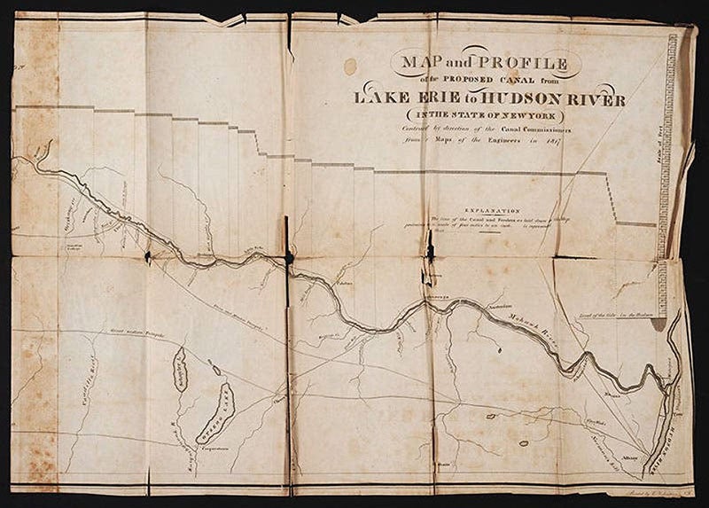 Segment of proposed map of Erie Canal route, showing section from Hudson River to Utica, from Official Report of the Canal Commissioners, 1817; the ”lockage” or drop in elevation is shown in a line graph at the top (The Linda Hall)