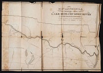 Segment of proposed map of Erie Canal route, showing section from Hudson River to Utica, from Official Report of the Canal Commissioners, 1817; the ”lockage” or drop in elevation is shown in a line graph at the top (The Linda Hall)