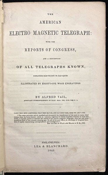 Title page, The American Electro Magnetic Telegraph, by Alfred Vail, 1845 (The Linda Hall)