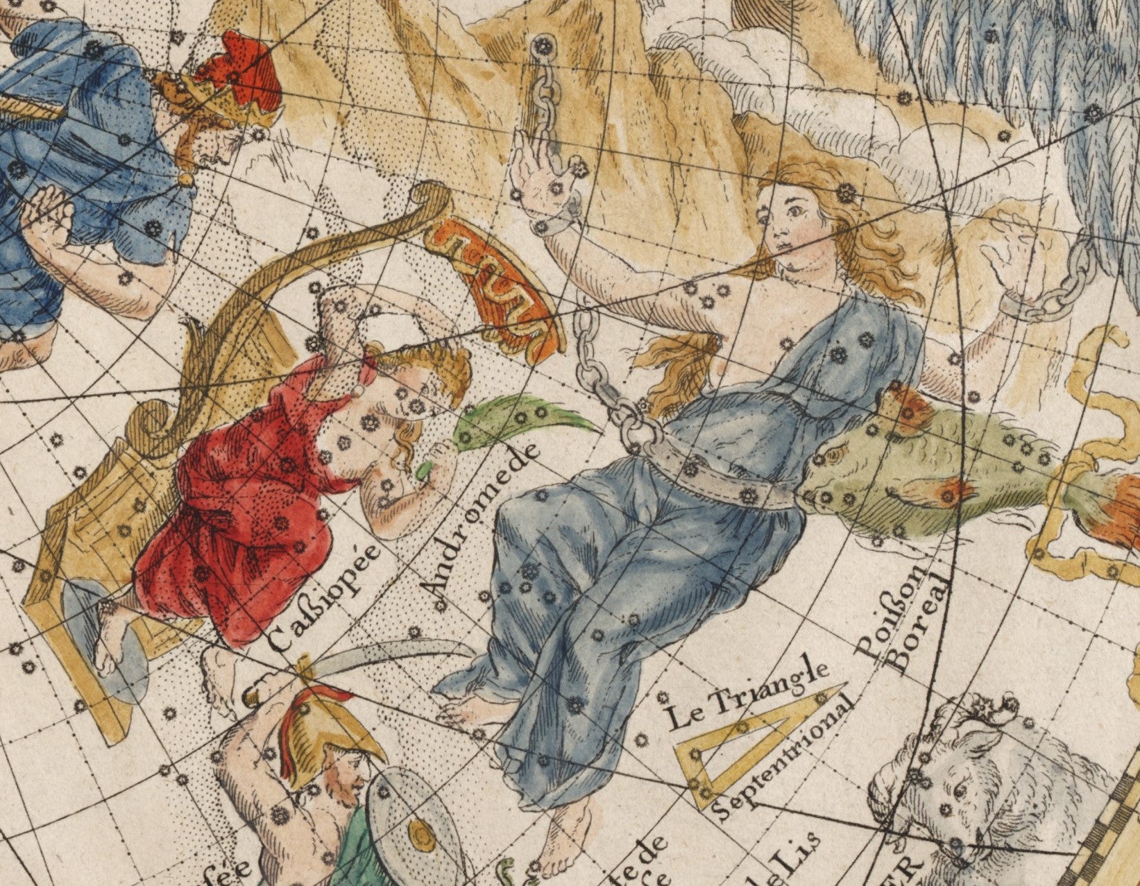 Cassiopeia and Andromeda. Image source: La Hire, Philippe. Planisphere celeste septentrional. Paris: Chez N. de Fer, 1705.
