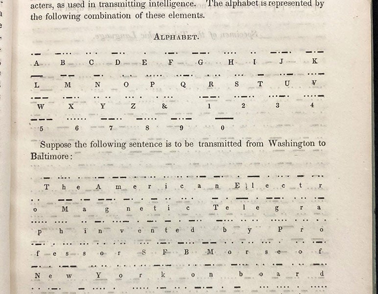 The Morse code alphabet, here called the telegraphic alphabet, and a sample dot-dash message, The American Electro Magnetic Telegraph, by Alfred Vail, p. 27, 1845 (The Linda Hall)