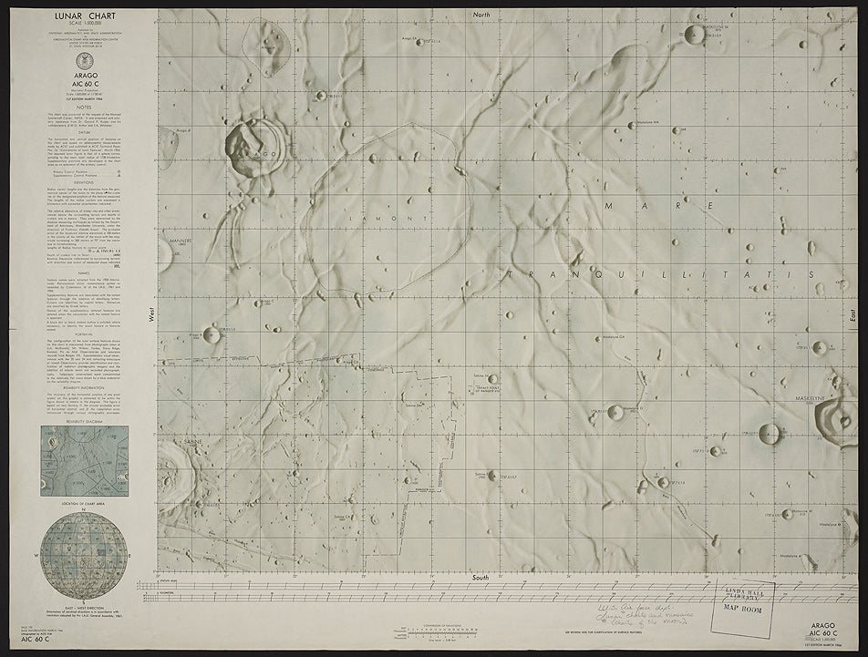 The illustration is a detail of the lower left quarter of the chart, and the limit of coverage of the Ranger VIII photographs is outlined by dashes. The lack of detail outside the boundary is graphic evidence of the limitations of even the best earth-based photographs. Tranquility Base was established just to the left of the letter "O" in the phrase "Limits Of Effective" at bottom right.