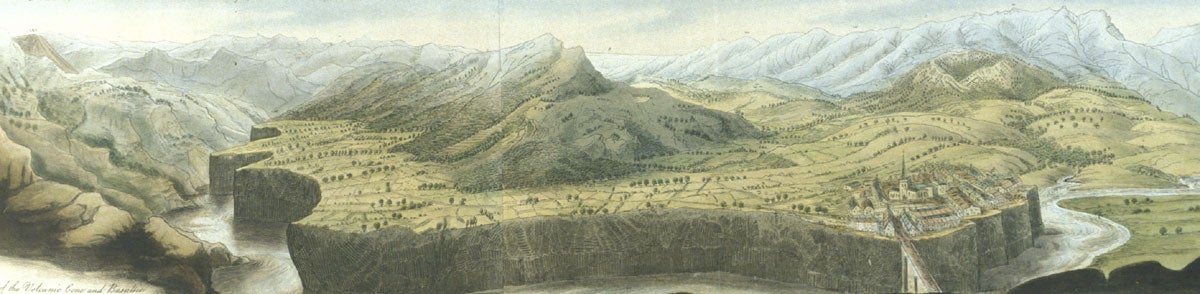 View of the volcanic and basaltic lava current of Jaujac. Image source: Scrope, George Poulett. Memoir on the Geology of Central France. London: Printed for Longman, Rees, Orme, Brown, and Green, 1827, pl. 14.