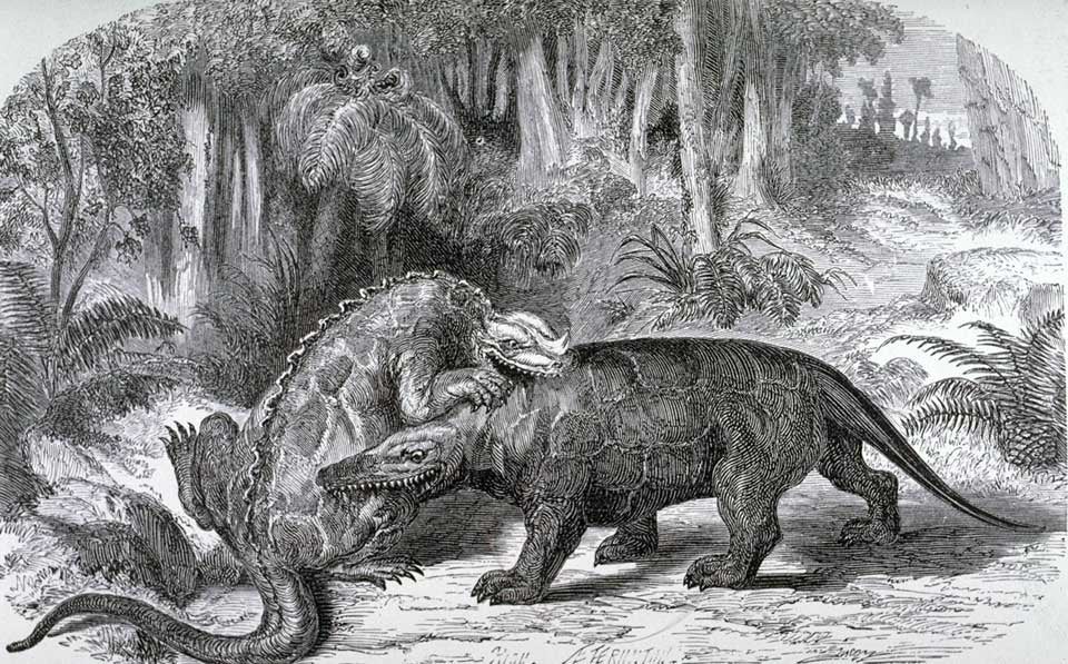 Ideal scene in the Lower Cretaceous Period, with Iguanodon and Megalosaurus. This work is part of our History of Science Collection, but it was NOT included in the original exhibition. Image source: Figuier, Louis. The World Before the Deluge. "A new edition." London: Chapman and Hall, 1867, pl. 21.