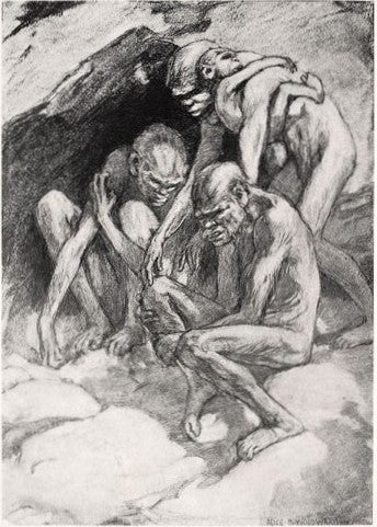 Pithecanthropus family. Image source: Knipe, Henry. Evolution in the Past. London, 1912, p. 187.