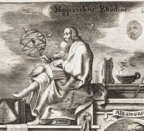 Imagined portrait of Hipparchus, detail of top right of Tabulae motuum coelestium, by Philippe van Lansbege, 1632 (The Linda Hall)