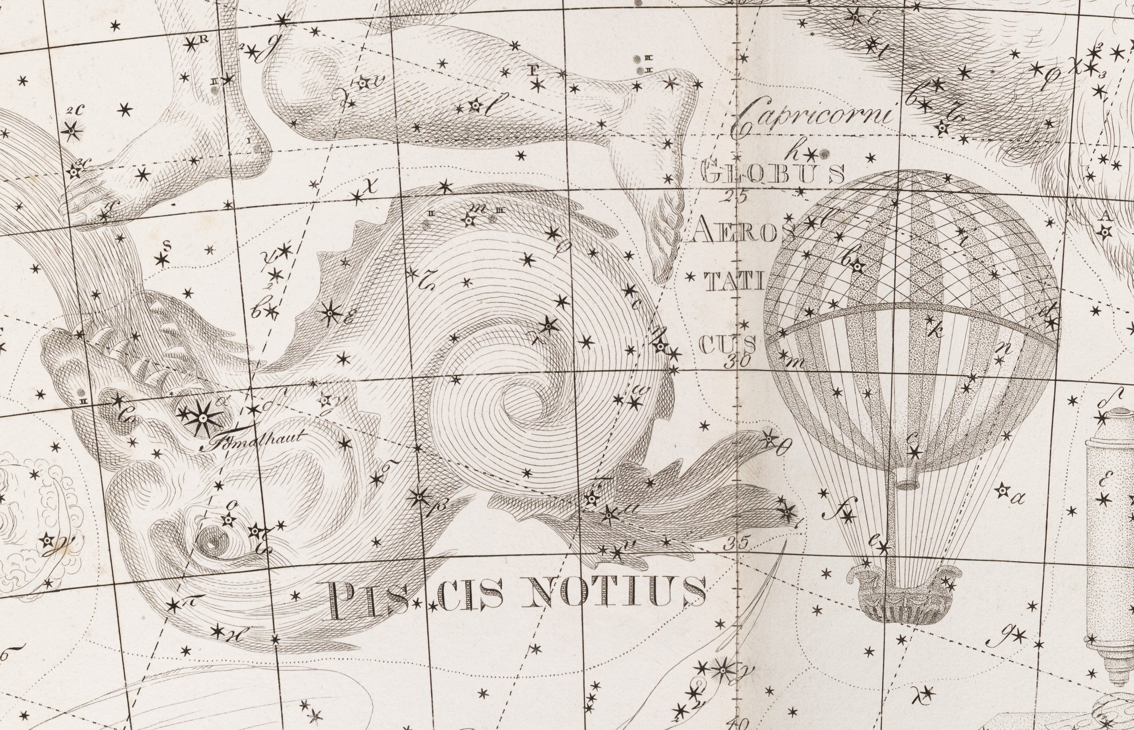 A new constellation, Globus Aerostaticus. Image source: Bode, Johann Elert. Uranographia. Berlin, 1801, pl. 16.
View Source »