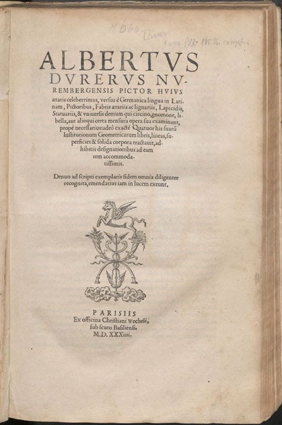 Title page, Quatuor his suaru[m] Institutionum geometricarum libris (Four Books on Measurement), by Albrecht Dürer, 1534 (Linda Hall Library)