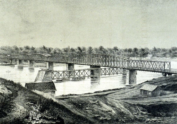 A view from the southwest of the Kansas City Bridge across the Missouri River. Image source: Chanute, Octave and George Morison. The Kansas City Bridge, With an Account of the Regimen of the Missouri River, and a Description of Methods Used for Founding in That River. New York: D. Van Nostrand, 1870, frontispiece.
