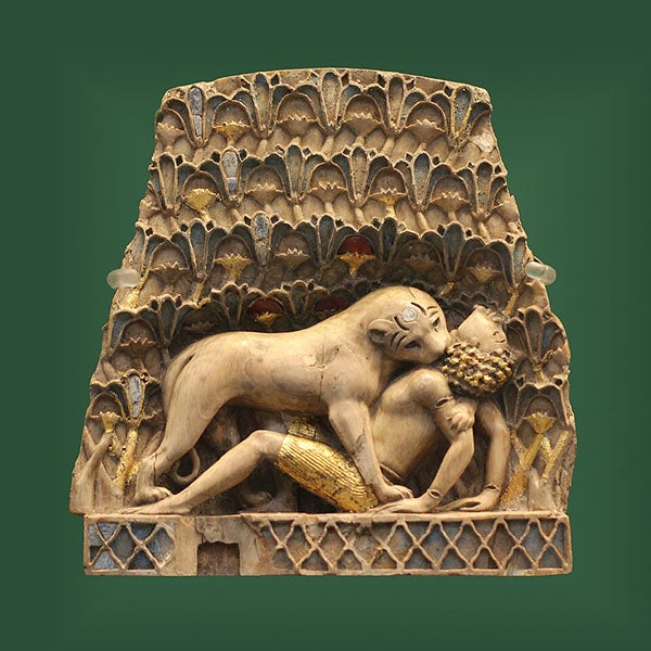 Lioness killing a man, Nimrud ivory found by Max Mallowan at Mosul, 1954, and described by Agatha Christie in her Autobiography, British Museum (Wikimedia commons)