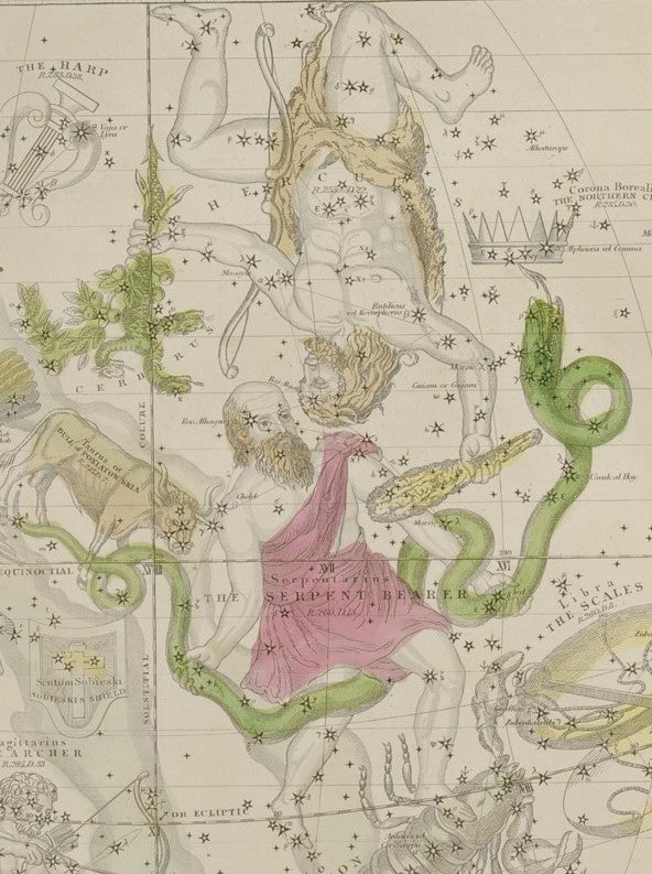 Opiuchus and Hercules. Image source: Burritt, Elijah. Atlas Designed to Illustrate the Geography of the Heavens. New York, 1835, pl. 5.