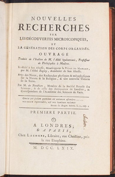 Title page, Nouvelles recherches sur les découvertes microscopiques, et la génération des corps organisé, by Lazzaro Spallanzani,1769 (Linda Hall Library)