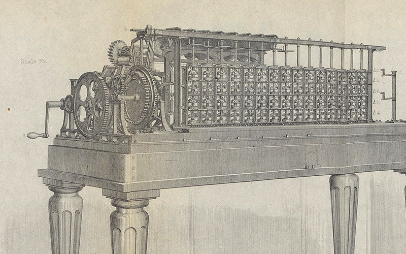 Scheutz difference engine no. 2 at the Dudley Observatory, detail of engraving, Annals of the Dudley Observatory, vol. 1, p. 118, 1866 (Linda Hall Libay)
