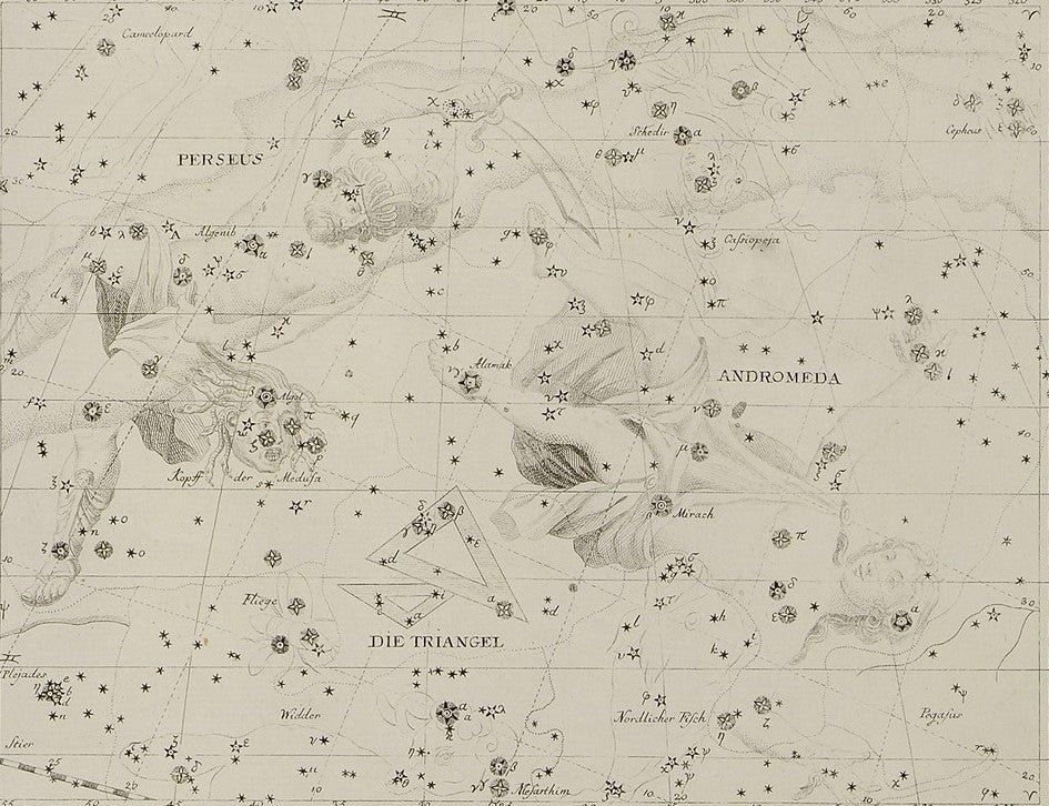 Perseus and Andromeda. Image source: Bode, Johann Elert. Vorstellung der Gestirne auf XXXIV Kupfertafeln nach der Pariser Ausgabe des Flamsteadschen Himmelsatlas. Berlin, Stralsand: Gottlieb August Lange, 1782, pl. 3.