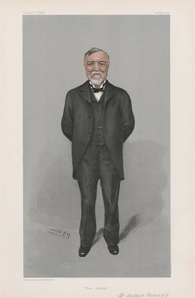 Caricature of Andrew Carnegie, chromolithograph by Leslie Ward (“Spy”), Vanity Fair, Oct. 29, 1903, National Portrait Gallery, London; caption says “Free Libraries” (npg.org.uk)